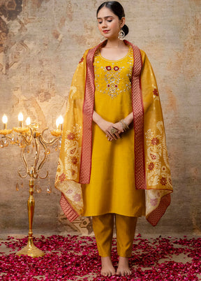 3 Pc Mustard Readymade Silk Dupatta Suit Set