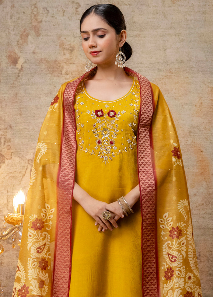 3 Pc Mustard Readymade Silk Dupatta Suit Set