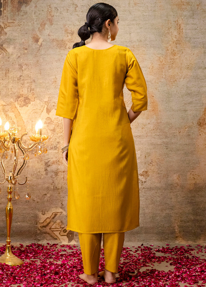 3 Pc Mustard Readymade Silk Dupatta Suit Set
