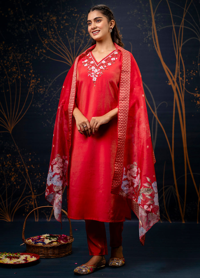 3 Pc Red Readymade Silk Dupatta Suit Set