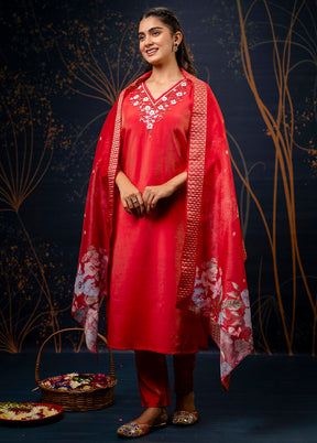 3 Pc Red Readymade Silk Dupatta Suit Set