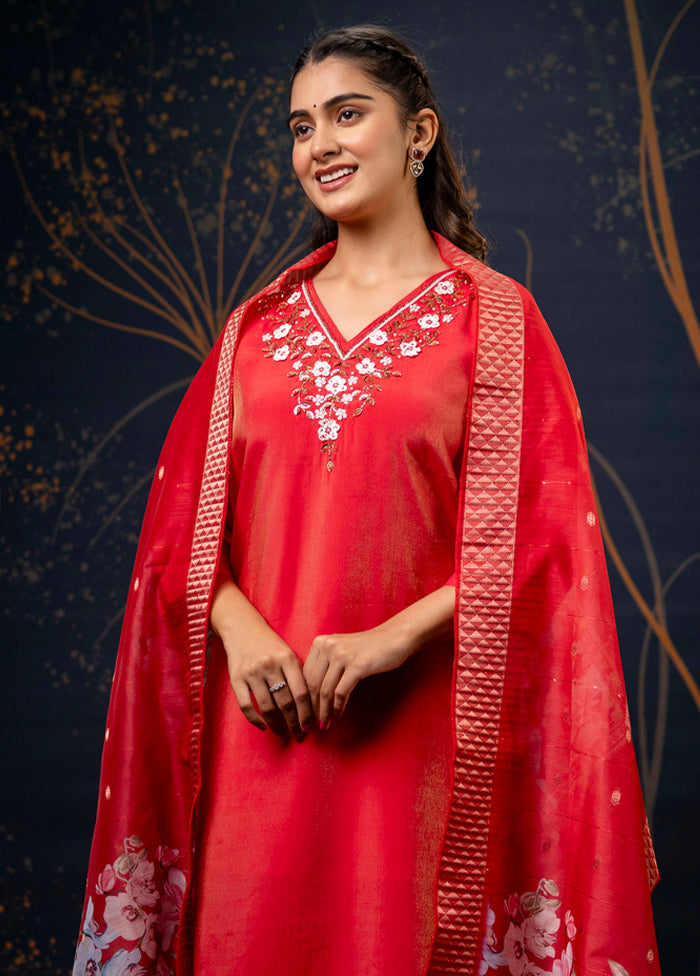 3 Pc Red Readymade Silk Dupatta Suit Set