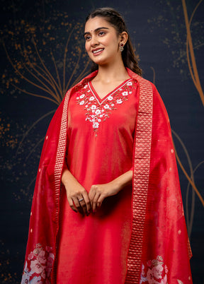 3 Pc Red Readymade Silk Dupatta Suit Set