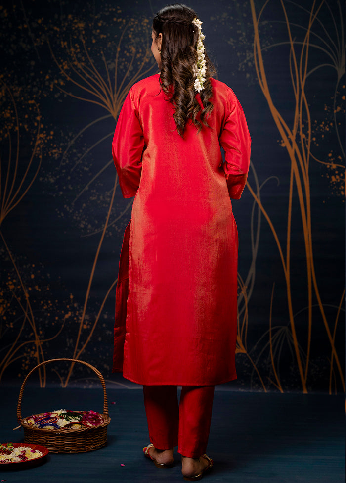 3 Pc Red Readymade Silk Dupatta Suit Set