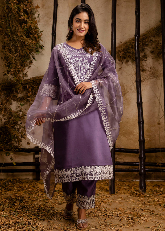 3 Pc Lavender Readymade Silk Dupatta Suit Set