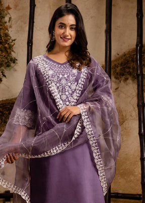3 Pc Lavender Readymade Silk Dupatta Suit Set
