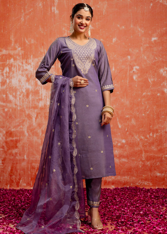 3 Pc Lavender Readymade Silk Dupatta Suit Set