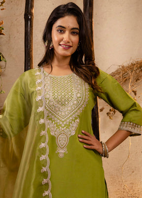 3 Pc Pista Green Readymade Silk Dupatta Suit Set