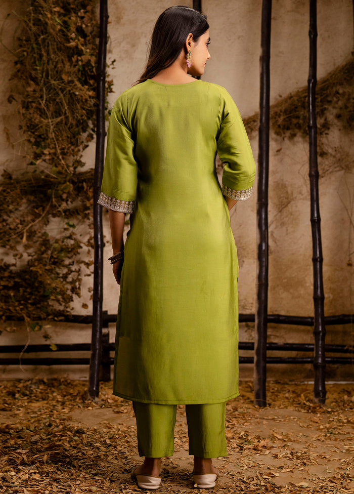 3 Pc Pista Green Readymade Silk Dupatta Suit Set