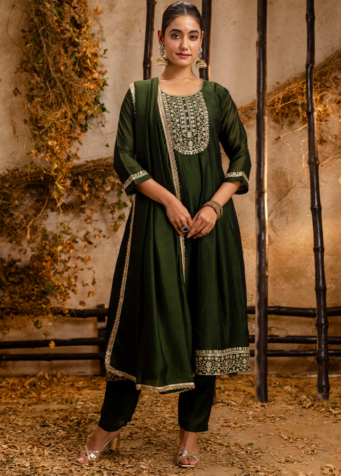 3 Pc Green Readymade Silk Dupatta Suit Set
