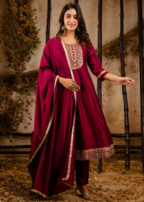 3 Pc Maroon Readymade Silk Dupatta Suit Set
