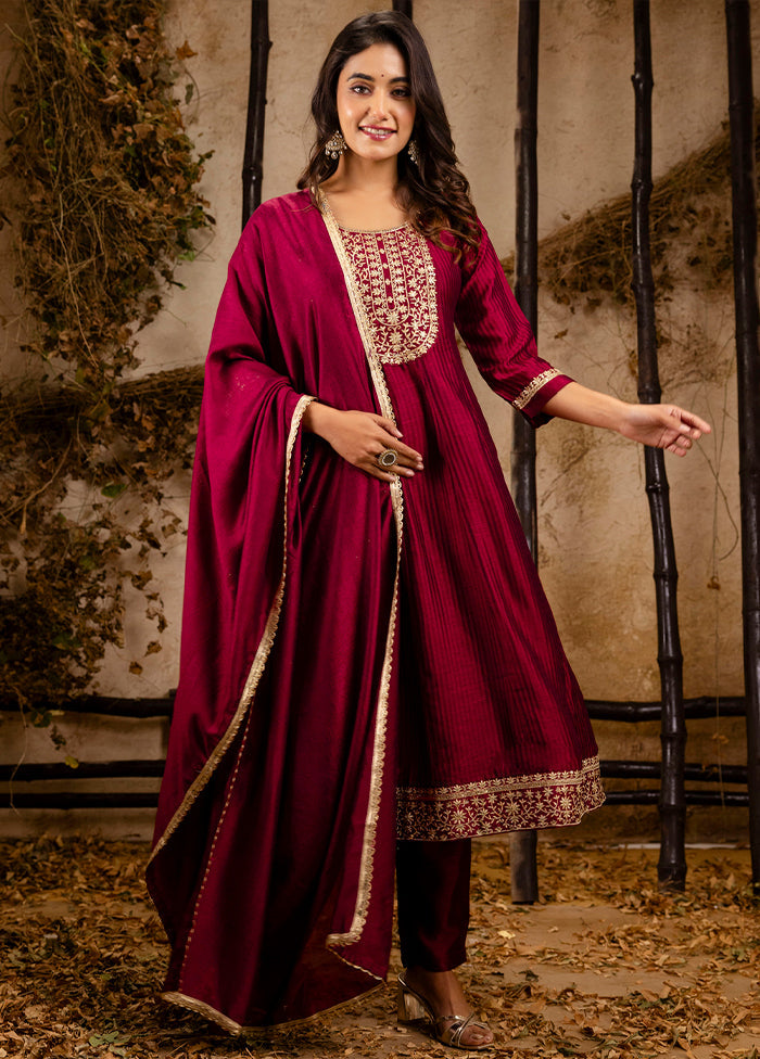 3 Pc Maroon Readymade Silk Dupatta Suit Set