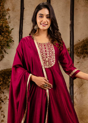 3 Pc Maroon Readymade Silk Dupatta Suit Set