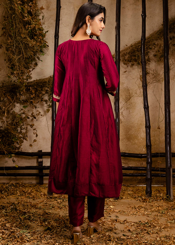 3 Pc Maroon Readymade Silk Dupatta Suit Set