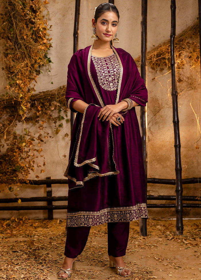 3 Pc Purple Readymade Silk Dupatta Suit Set