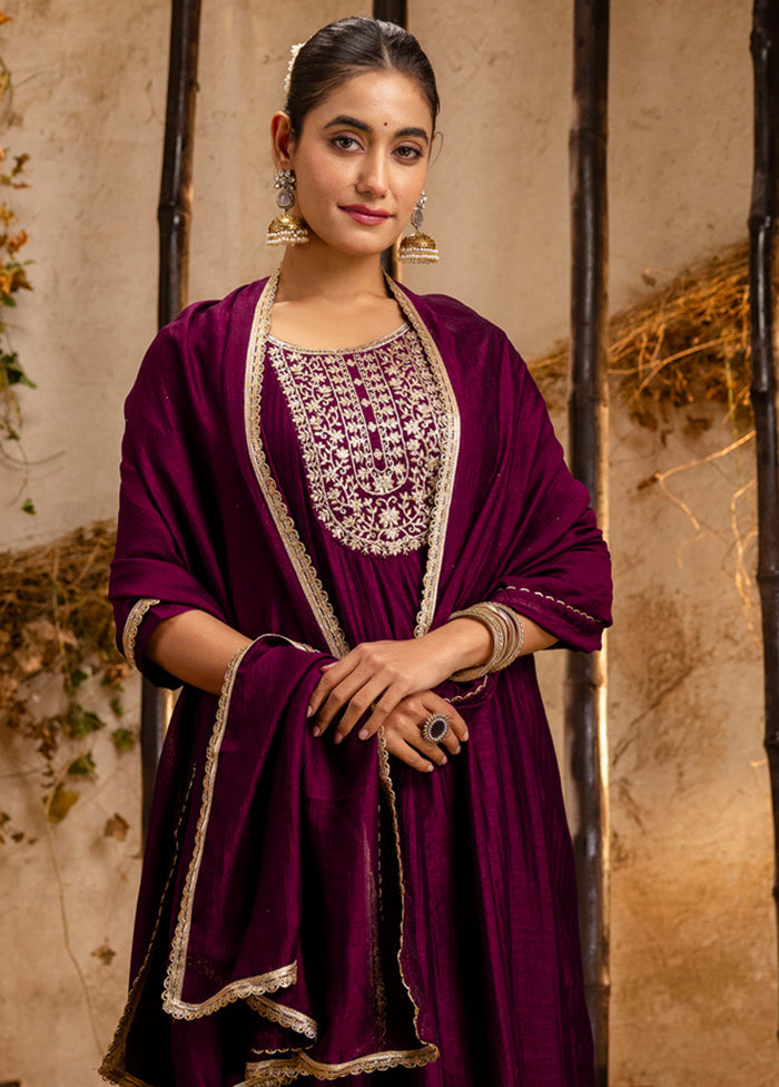 3 Pc Purple Readymade Silk Dupatta Suit Set