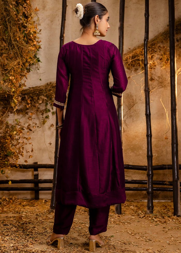 3 Pc Purple Readymade Silk Dupatta Suit Set