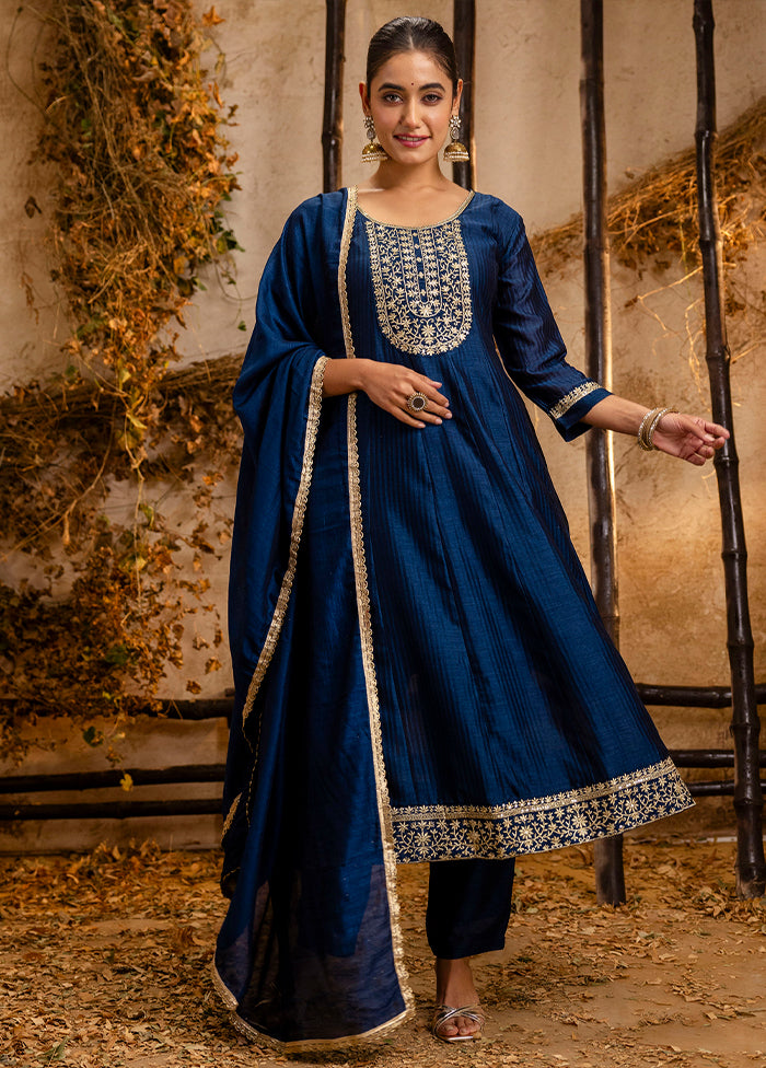 3 Pc Blue Readymade Silk Dupatta Suit Set