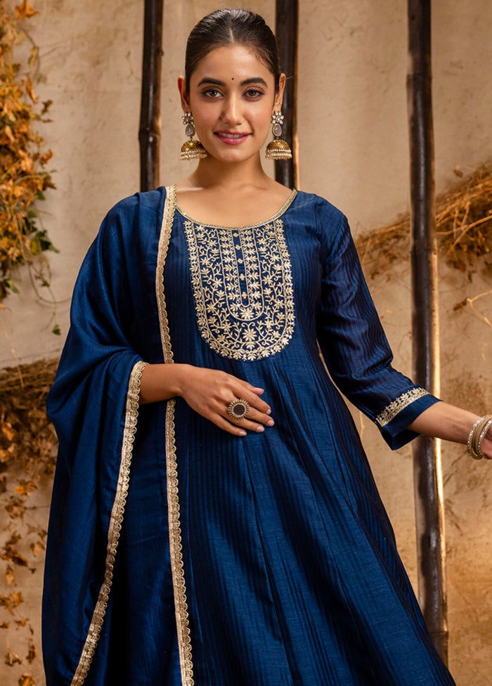 3 Pc Blue Readymade Silk Dupatta Suit Set