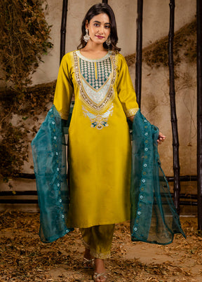 3 Pc Lemon Readymade Viscose Dupatta Suit Set