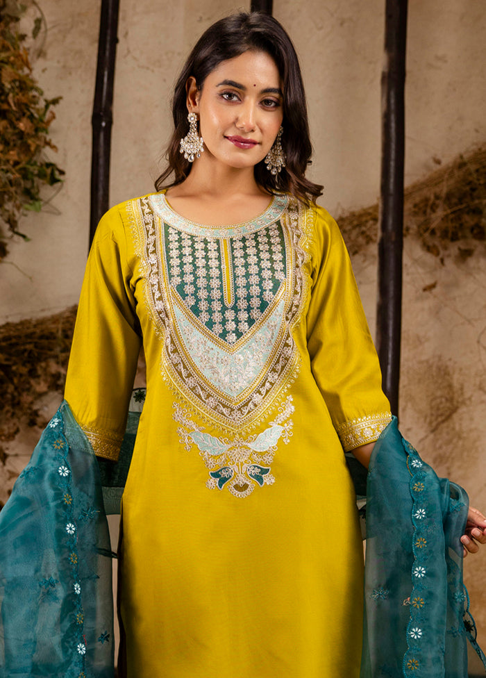 3 Pc Lemon Readymade Viscose Dupatta Suit Set