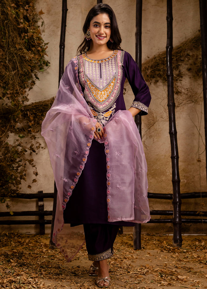 3 Pc Purple Readymade Viscose Dupatta Suit Set