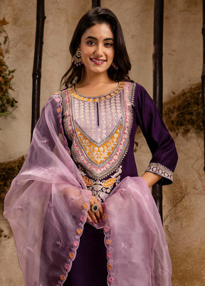 3 Pc Purple Readymade Viscose Dupatta Suit Set