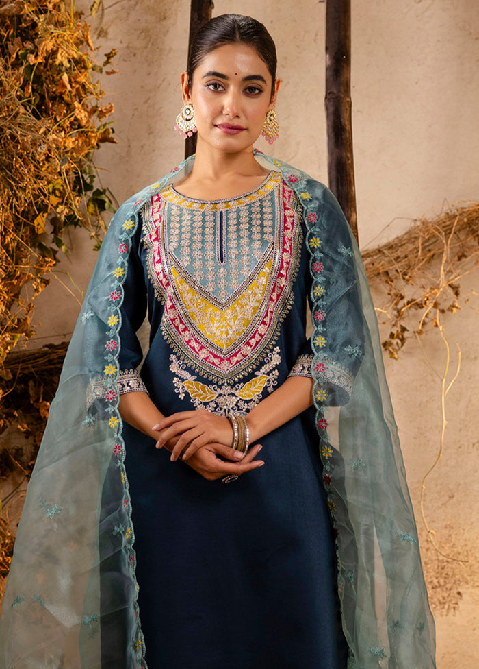 3 Pc Teal Readymade Viscose Dupatta Suit Set