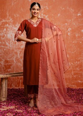 3 Pc Orange Readymade Silk Dupatta Suit Set