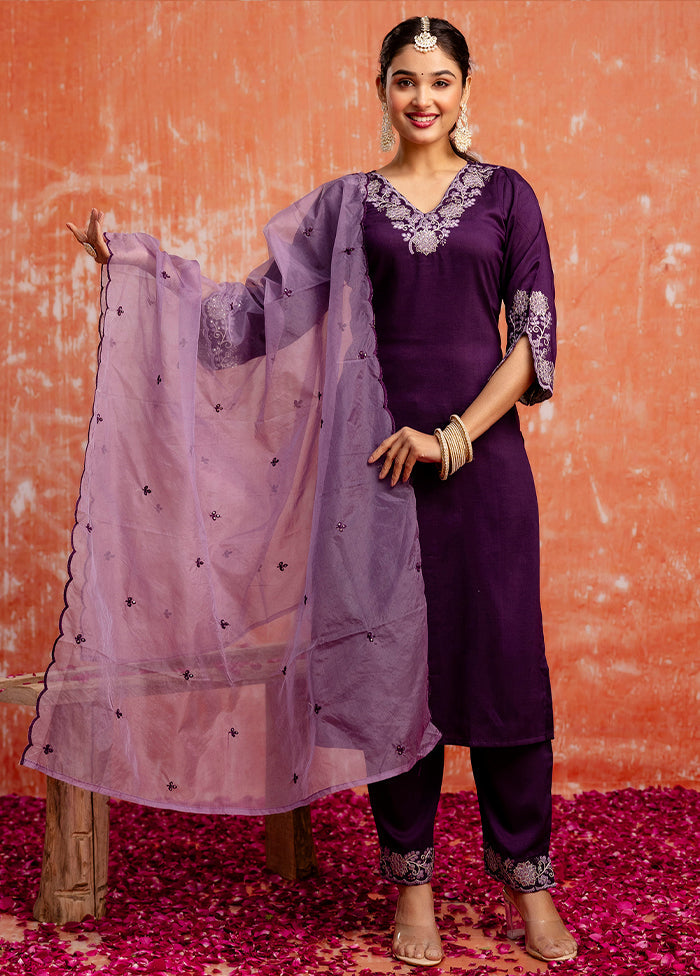 3 Pc Purple Readymade Silk Dupatta Suit Set