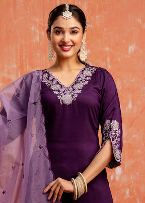 3 Pc Purple Readymade Silk Dupatta Suit Set