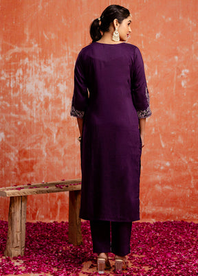 3 Pc Purple Readymade Silk Dupatta Suit Set