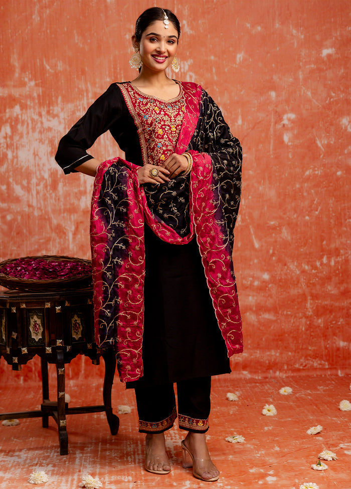 3 Pc Black Readymade Viscose Dupatta Suit Set