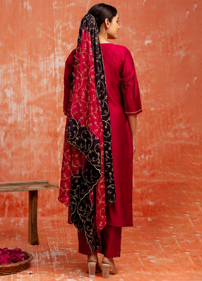 3 Pc Maroon Readymade Viscose Dupatta Suit Set