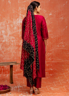 3 Pc Maroon Readymade Viscose Dupatta Suit Set