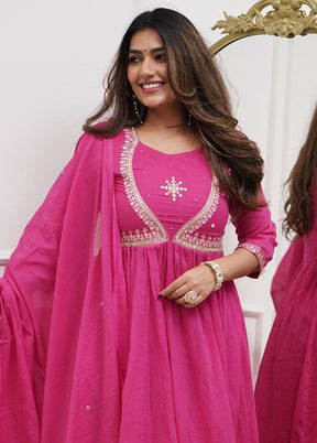3 Pc Pink Readymade Cotton Dupatta Suit Set
