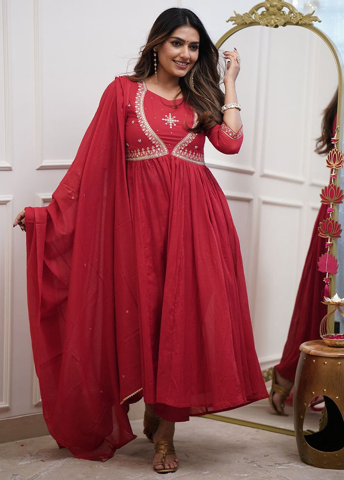 3 Pc Red Readymade Cotton Dupatta Suit Set