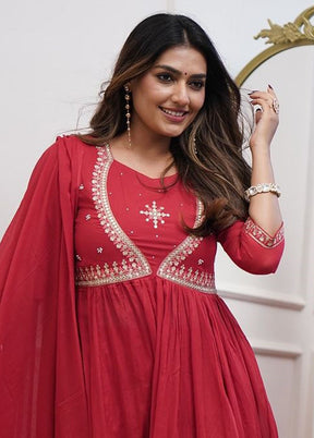 3 Pc Red Readymade Cotton Dupatta Suit Set