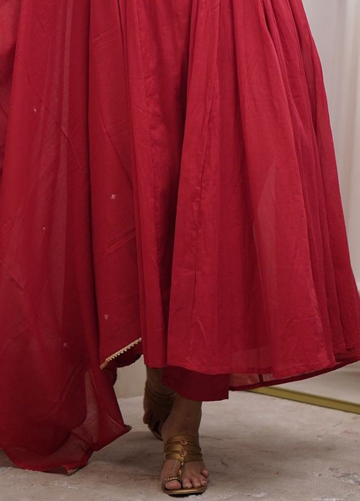 3 Pc Red Readymade Cotton Dupatta Suit Set