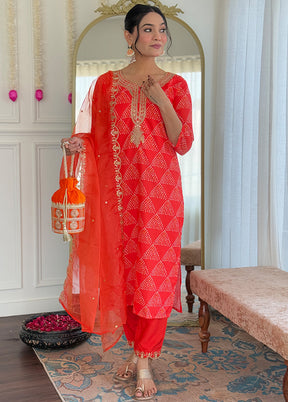 3 Pc Orange Readymade Silk Dupatta Suit Set