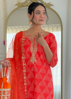 3 Pc Orange Readymade Silk Dupatta Suit Set