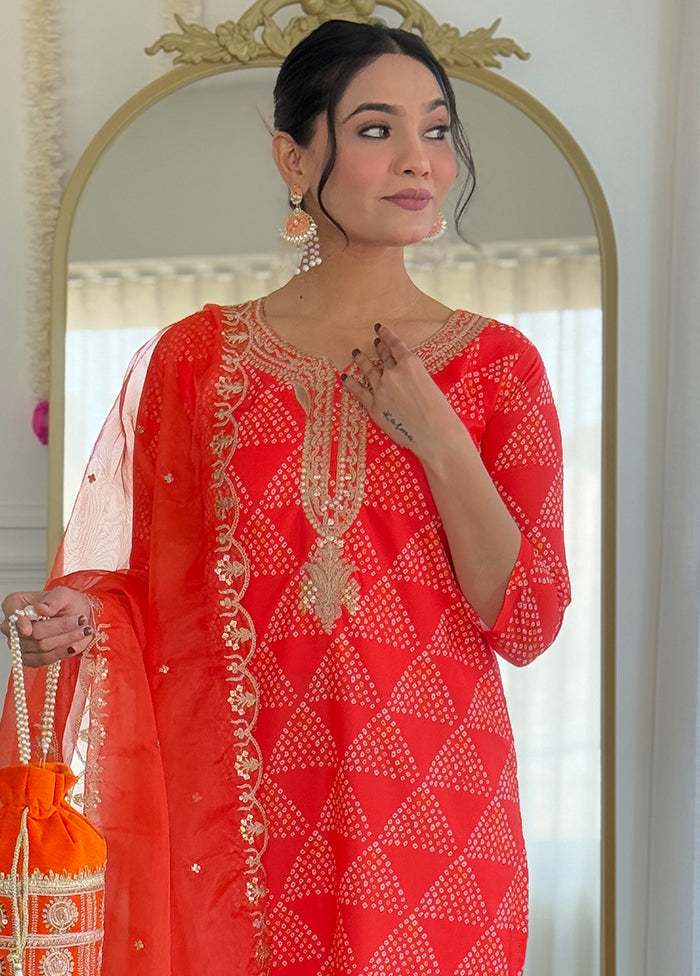 3 Pc Orange Readymade Silk Dupatta Suit Set