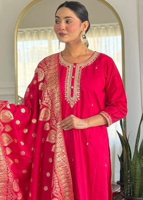3 Pc Pink Readymade Viscose Dupatta Suit Set