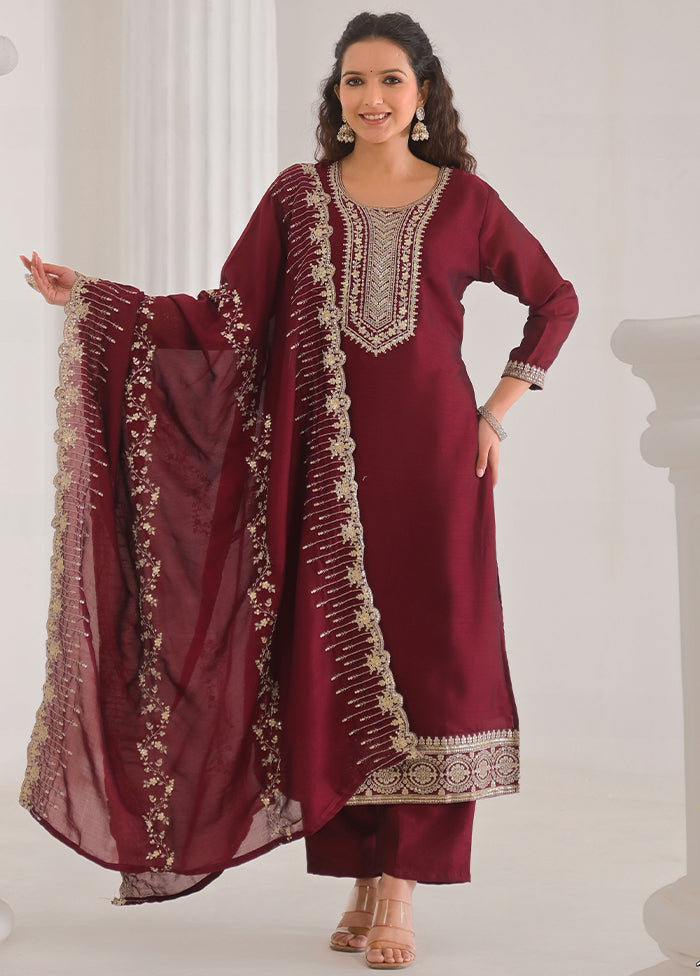 3 Pc Maroon Readymade Silk Dupatta Suit Set