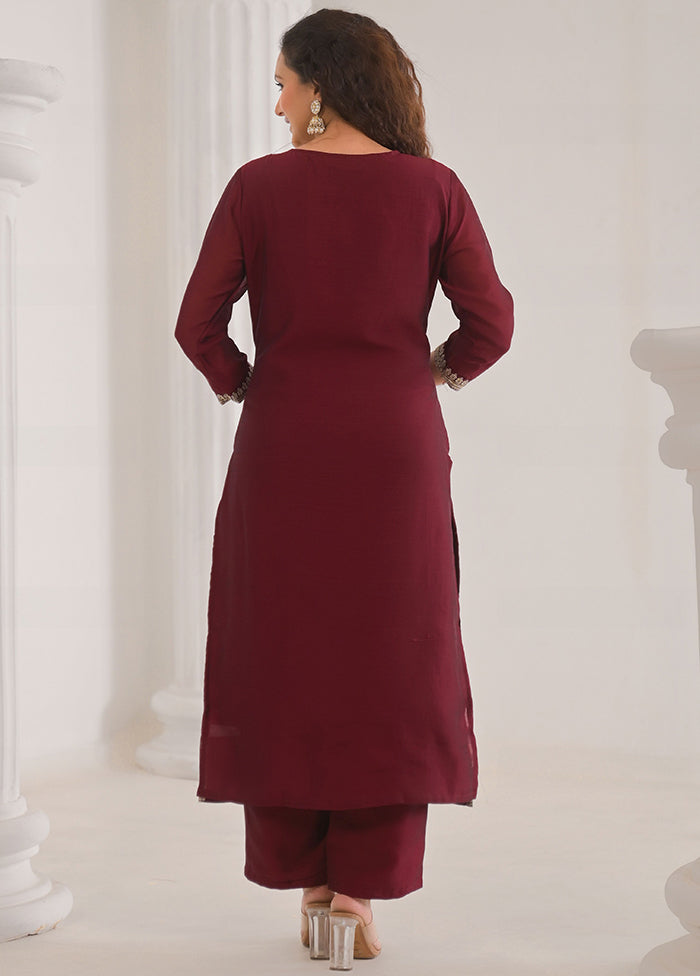 3 Pc Maroon Readymade Silk Dupatta Suit Set