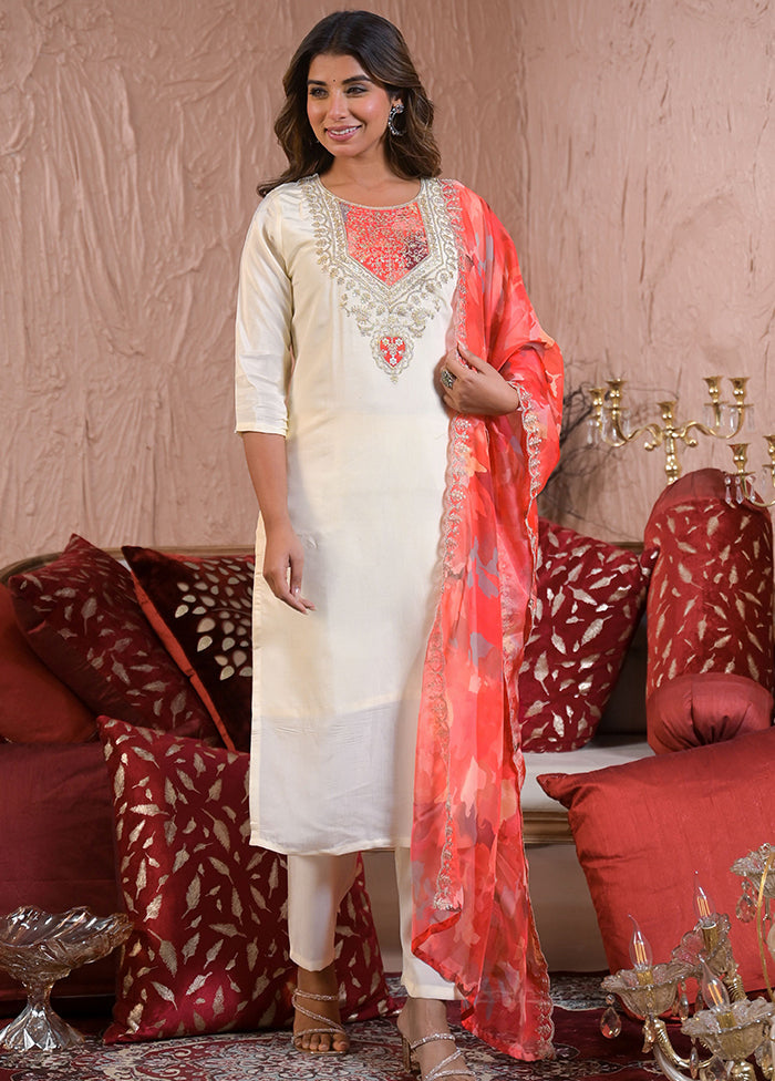3 Pc Off White Readymade Chanderi Dupatta Suit Set