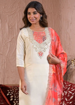 3 Pc Off White Readymade Chanderi Dupatta Suit Set