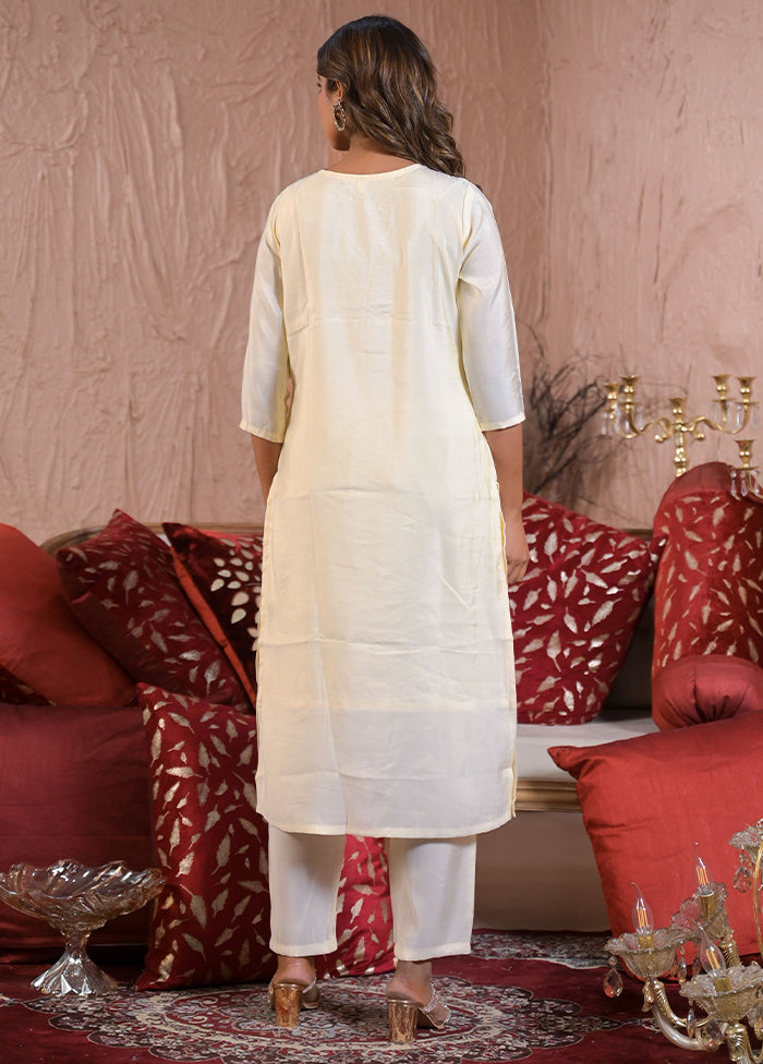 3 Pc Off White Readymade Chanderi Dupatta Suit Set