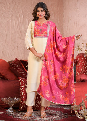 3 Pc Off White Readymade Chanderi Dupatta Suit Set