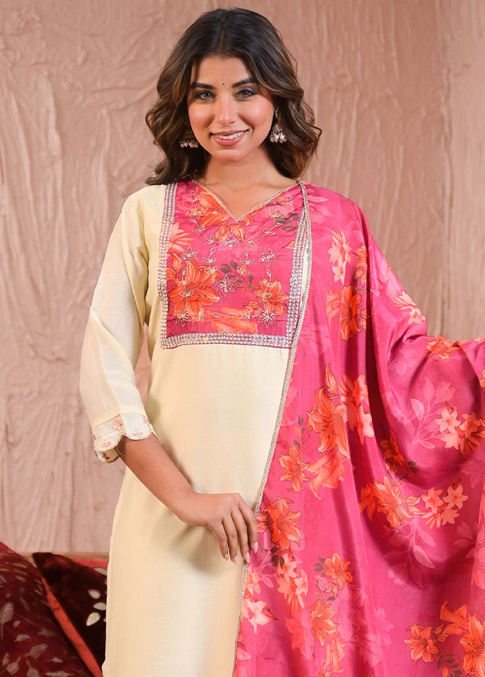 3 Pc Off White Readymade Chanderi Dupatta Suit Set